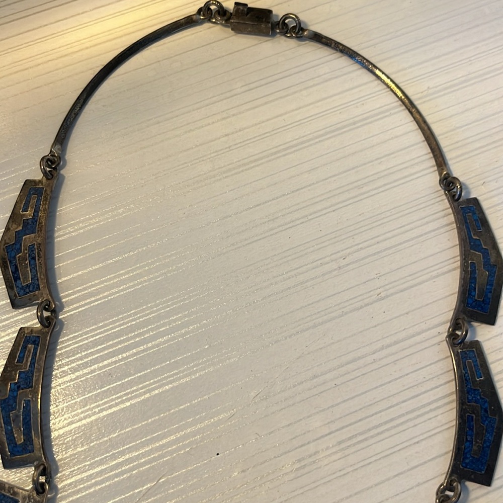 Vintage Mexico Alpaca BIb Necklace Choker Silver With Turquoise Inlay EUC - Picture 11 of 11